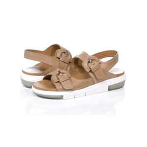 Aquatalia Sydni Nude Leather Dual Buckle Wedge Sandals Size 10